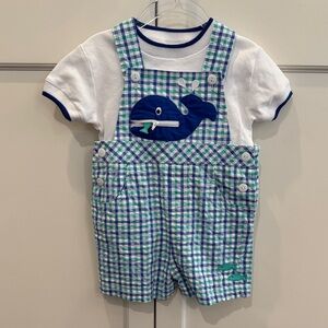 Florence Eiseman Boys Whale Plaid Shortalls & Tee Set 18M Preppy Nautical
